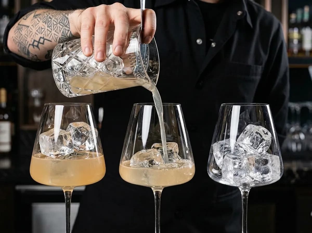 Bartender pouring handcrafted cocktail from mixing pitcher