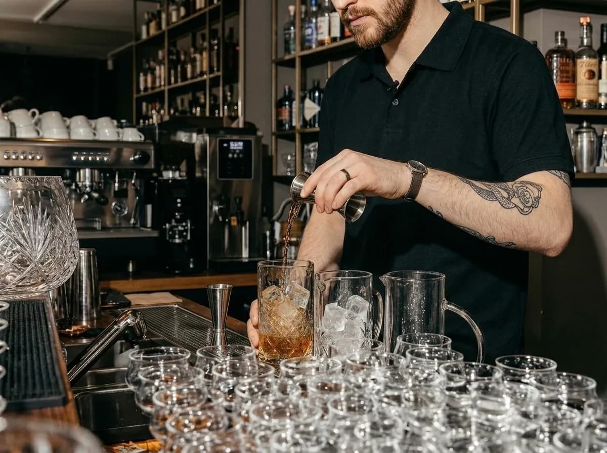 Bartender measuring premium spirits with a jigger